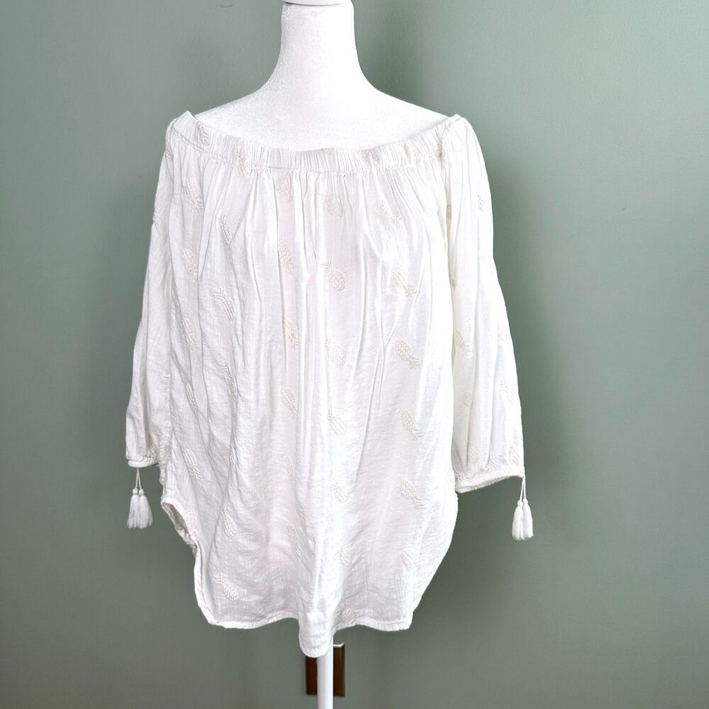Old Navy Embroidered Pineapple Top Womens Large White Off the Shoulder Blouse